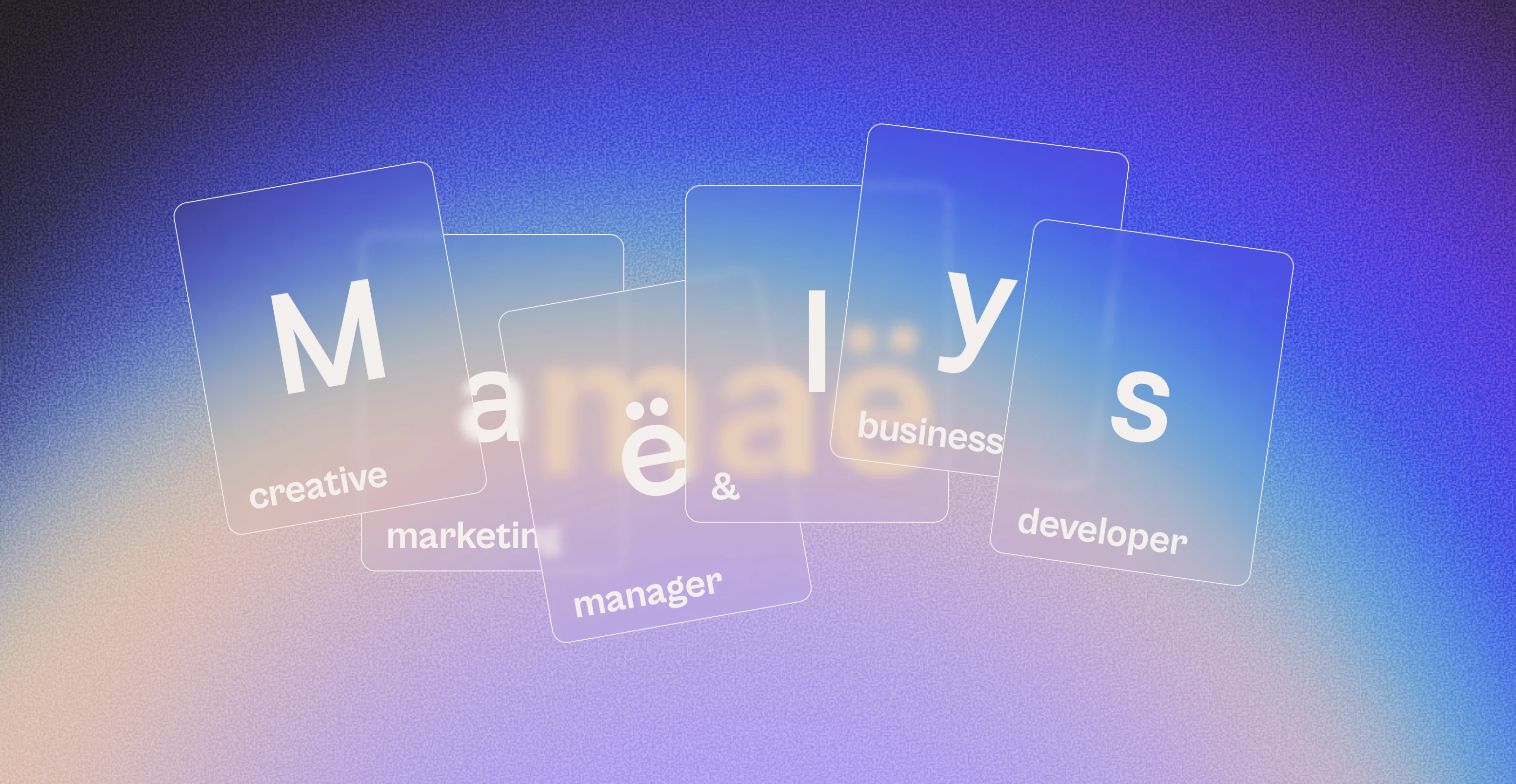 Glass-effect cards presenting Maë’s positioning and skills over the signature gradient of her visual identity.