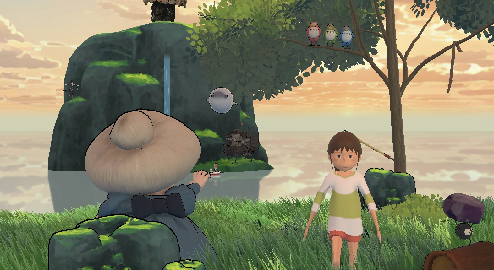 View of a distant cliff populated by characters integrated into the 3D scene.