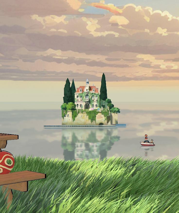 Close-up view of a castle in the distance, resting on the water.