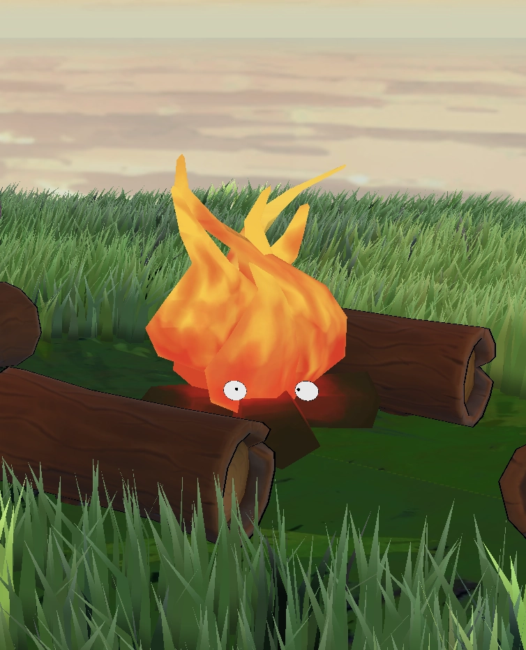 Calcifer at the center of a campfire in the 3D scene.