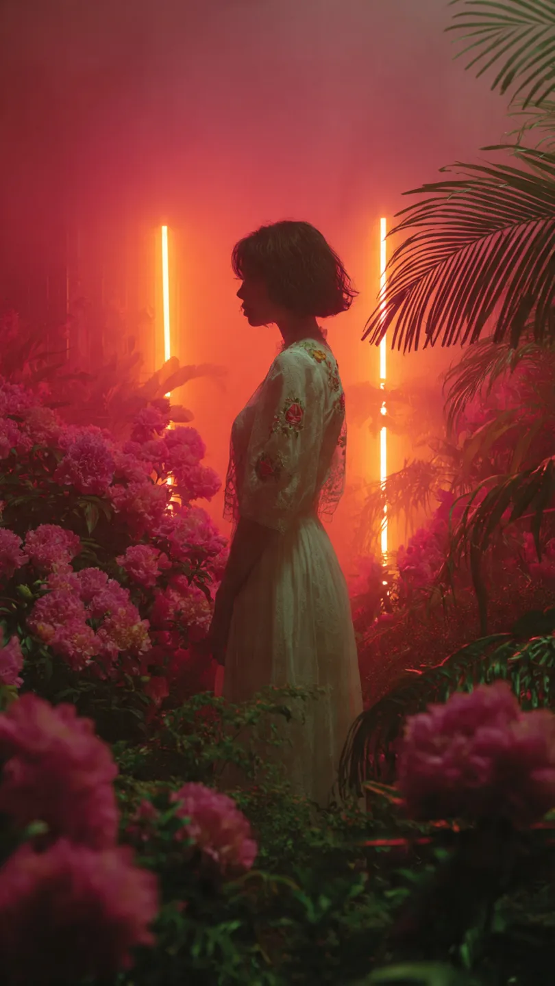 Mirage campaign featuring a woman in lace inside a greenhouse filled with flowers, plants and neon lights, enveloped in a mysterious haze.