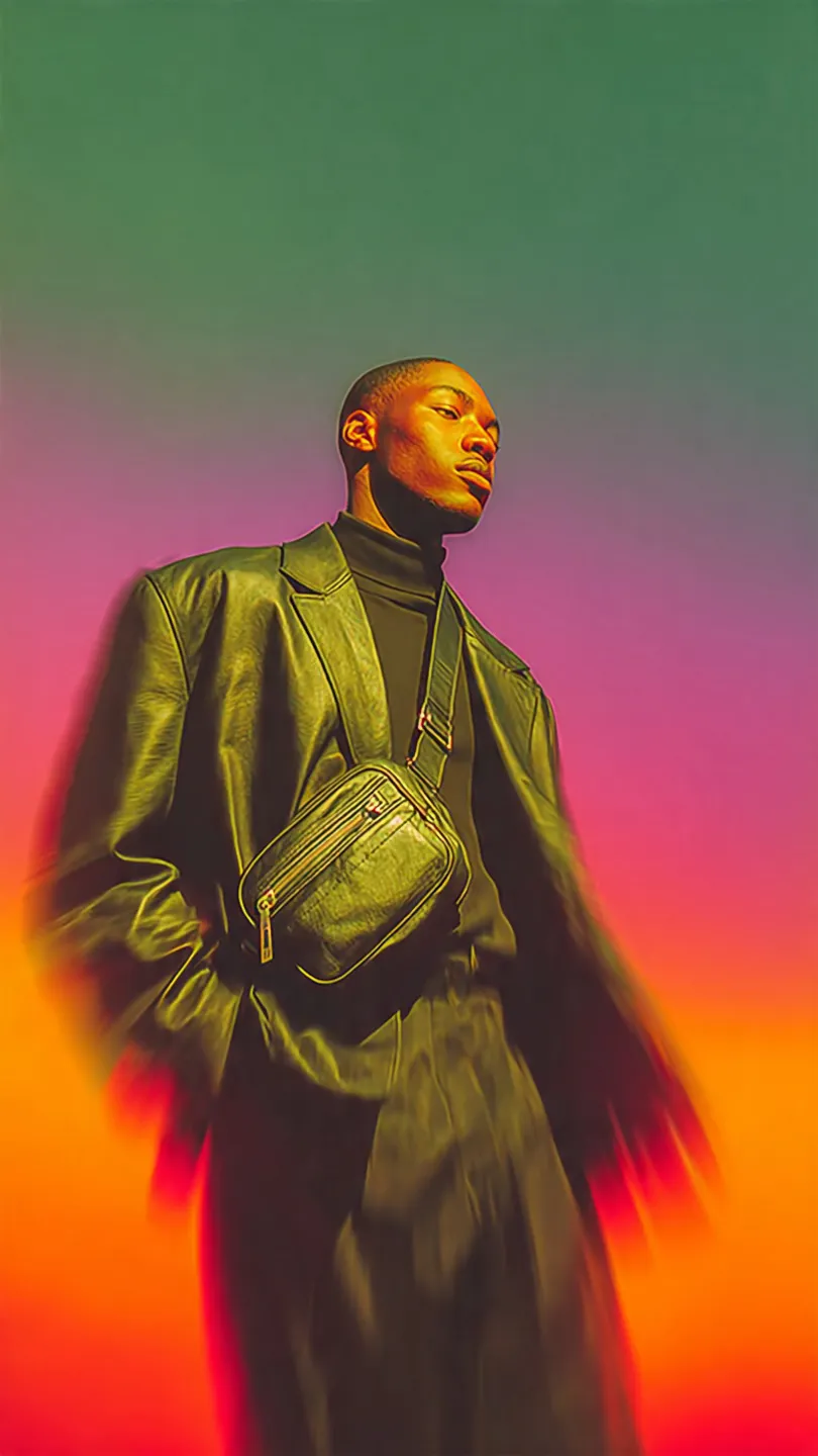 Mirage campaign featuring a man carrying a leather bag against a blurred orange, pink and green gradient.