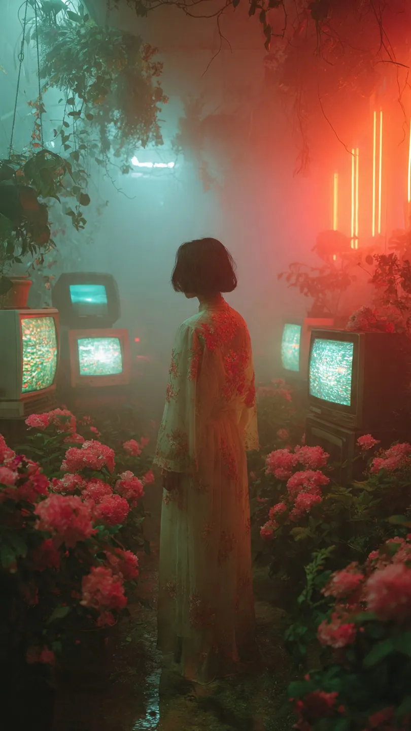 Mirage campaign featuring a woman in lace inside a greenhouse filled with flowers and plants, surrounded by distorted vintage CRT televisions.