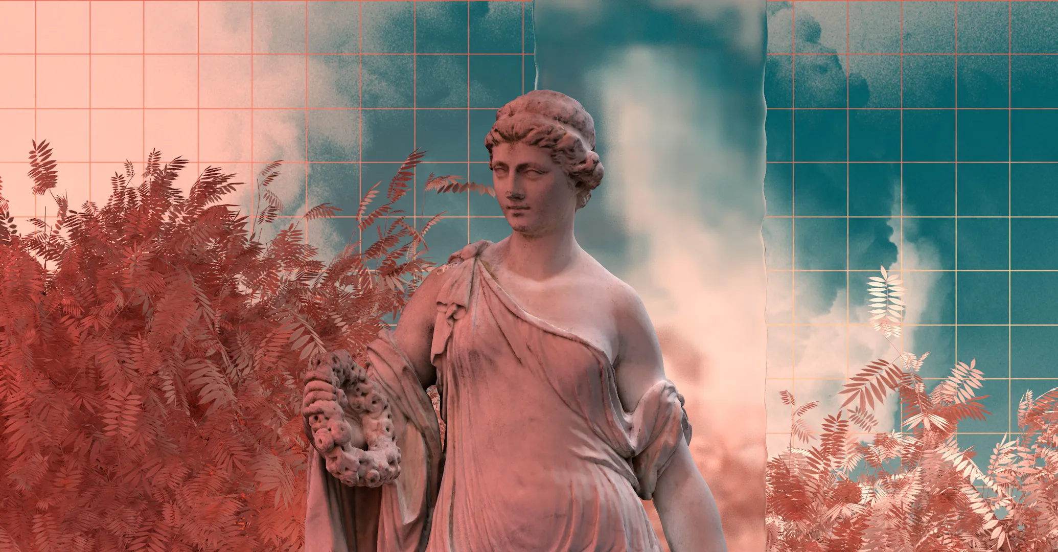 Main Ornate artwork combining a classical statue, a rose-gold grid, fluid material and pink ferns in a 3D composition.