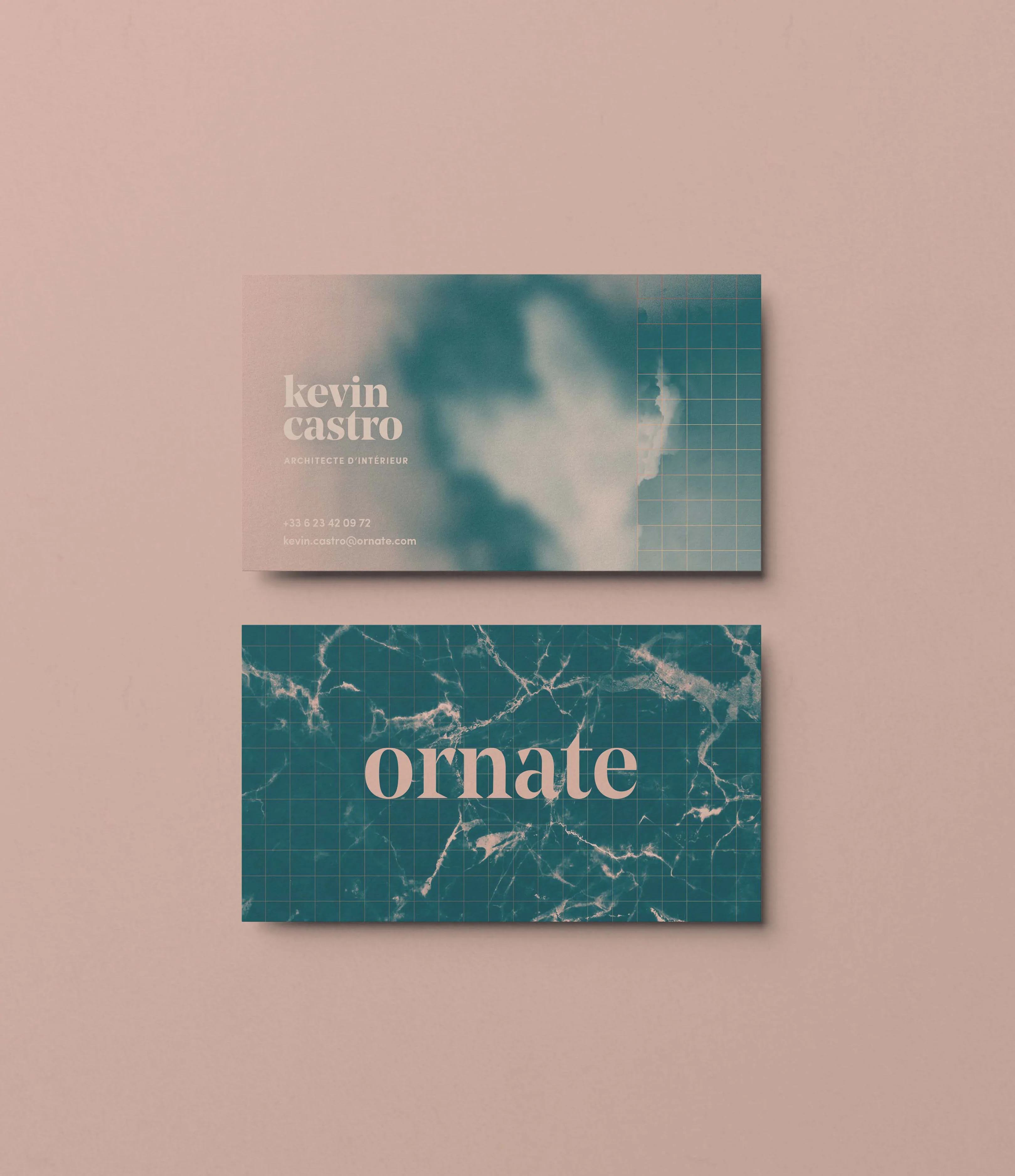 Variation of Ornate’s 3D artwork combining a rose-gold grid, fluid material, pink ferns and the studio logotype.