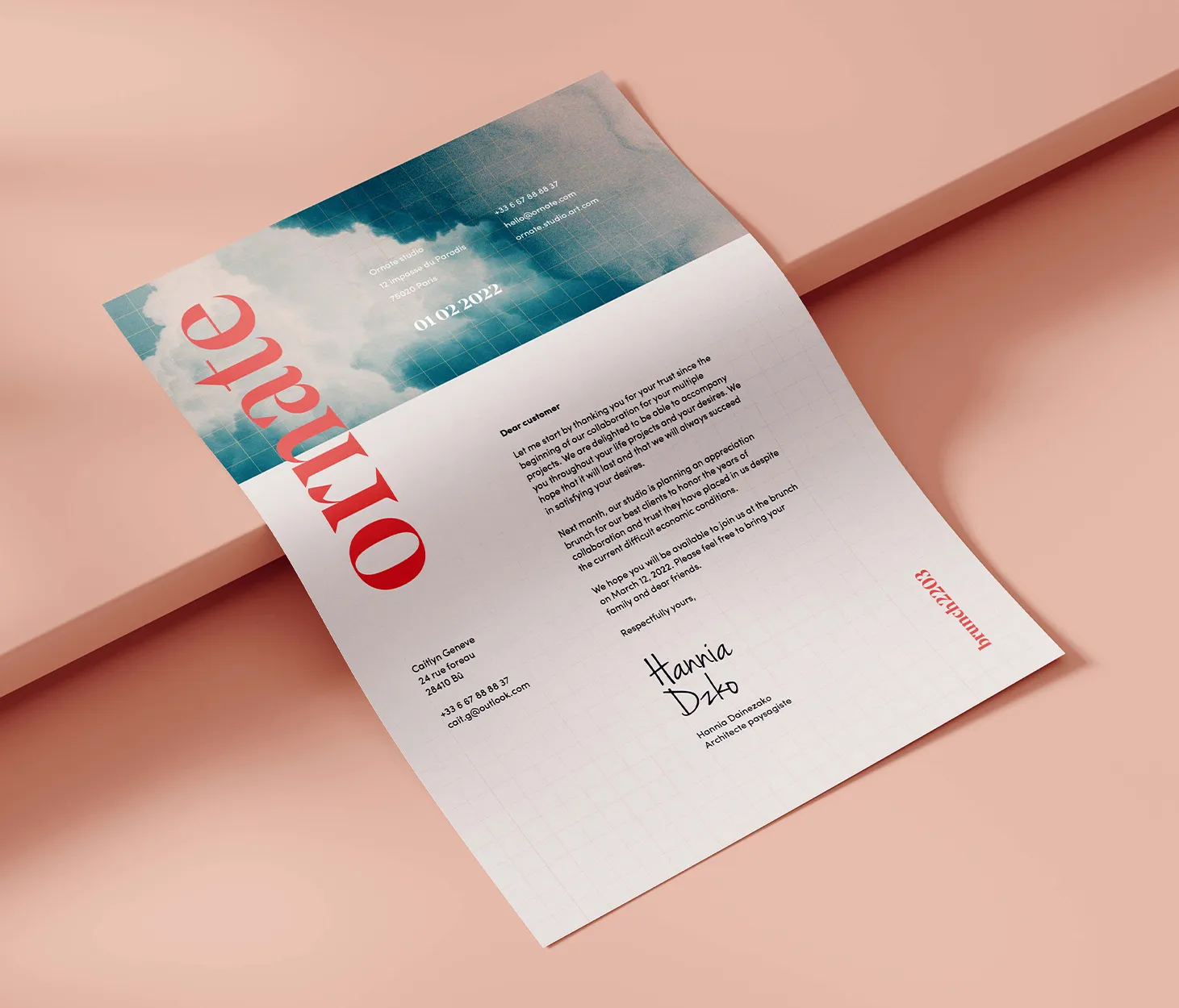 Ornate studio letterhead presented in context and designed within the brand’s visual identity.