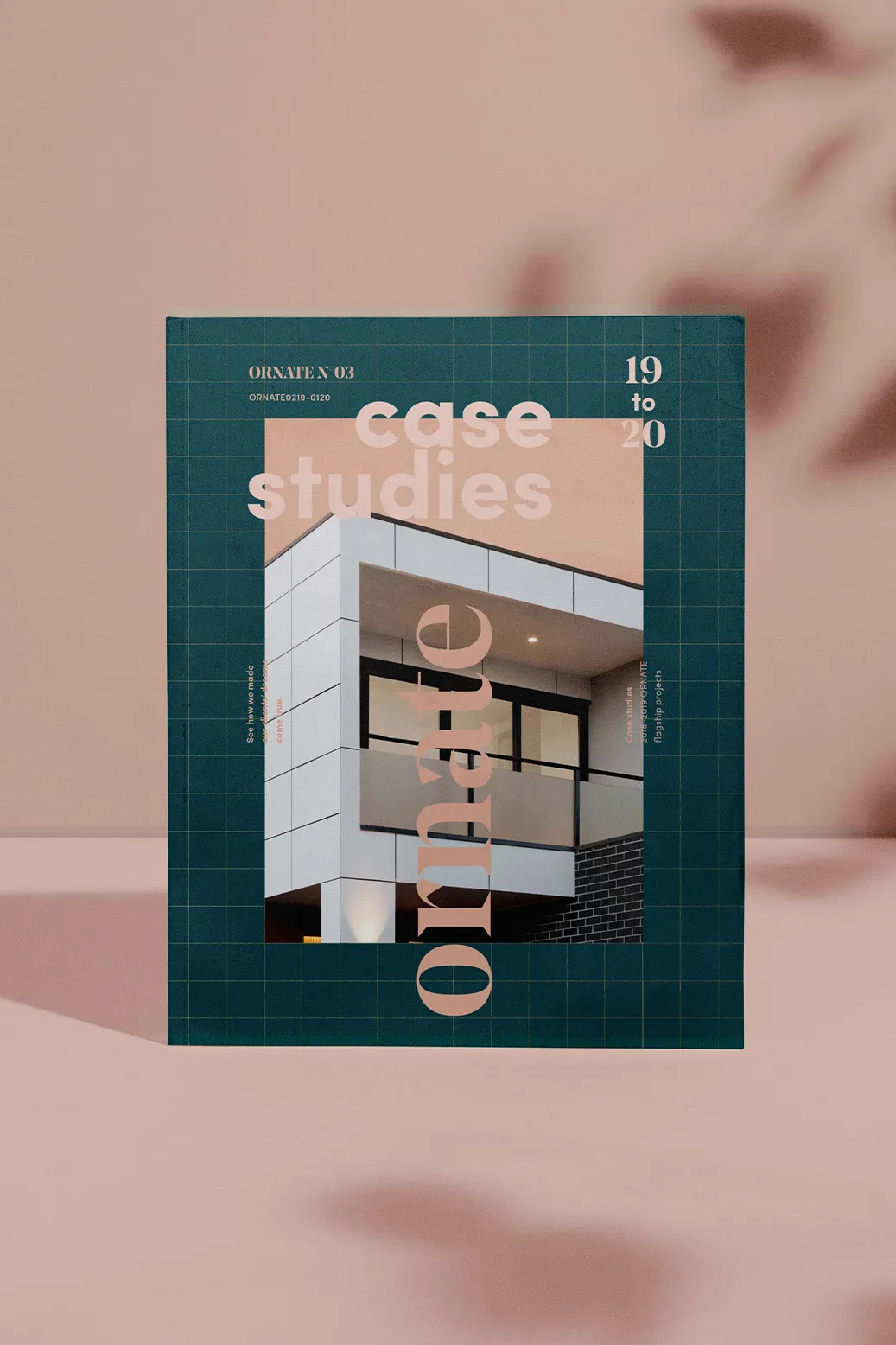 Cover and mockup of the “Case Studies 2019–2020” magazine designed for the Ornate architecture studio.