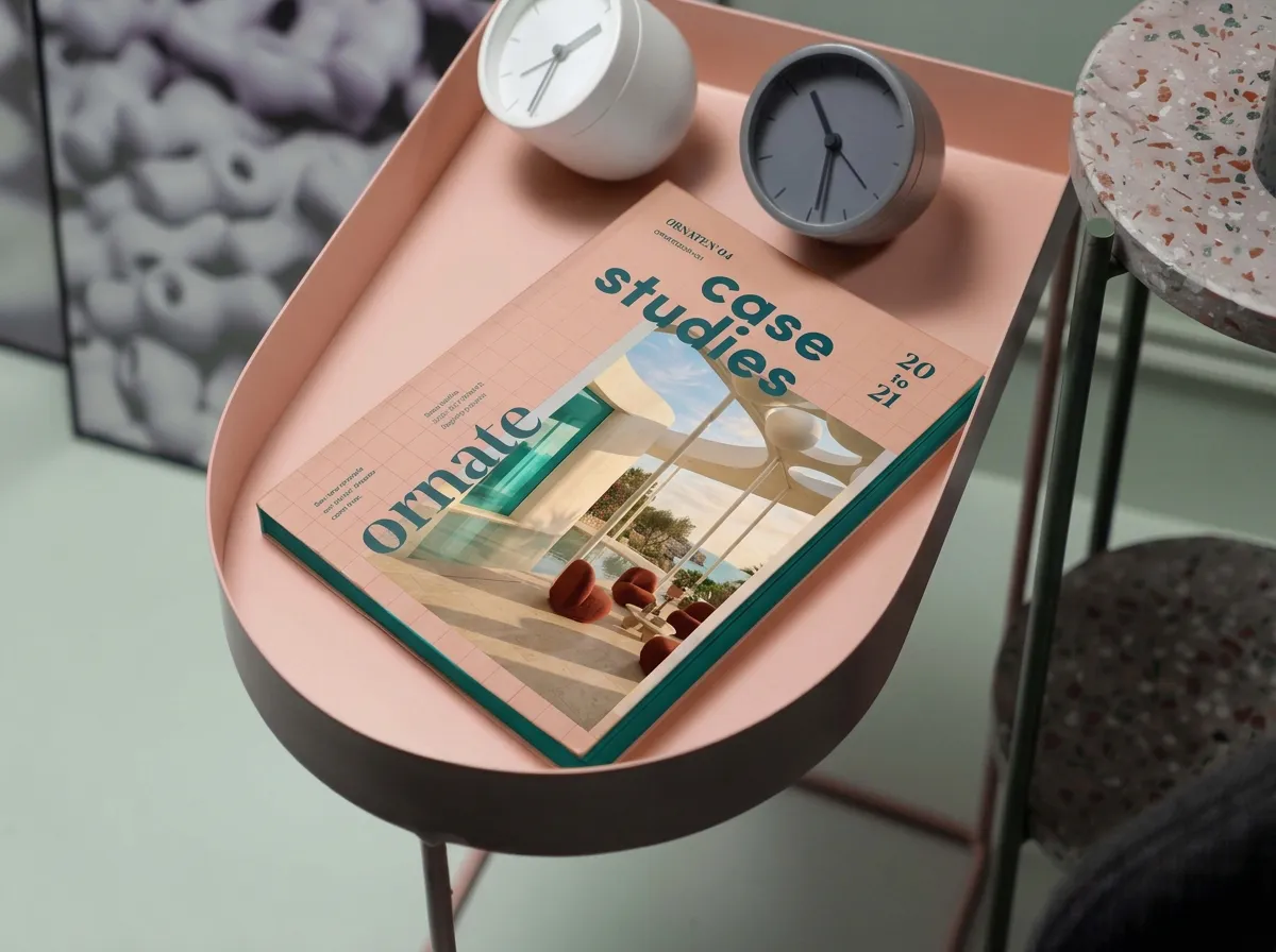 Cover and mockup of the “Case Studies 2020–2021” magazine designed for Ornate.