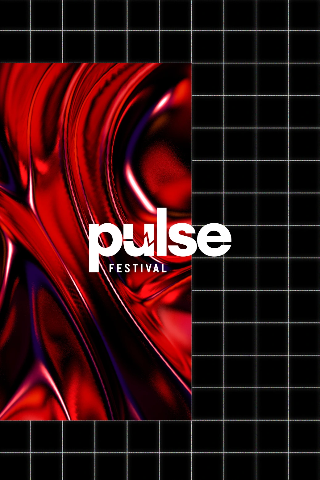 Main artwork for the second edition of Pulse Festival, featuring a white grid on a black background crossed by a red-and-black fluid.