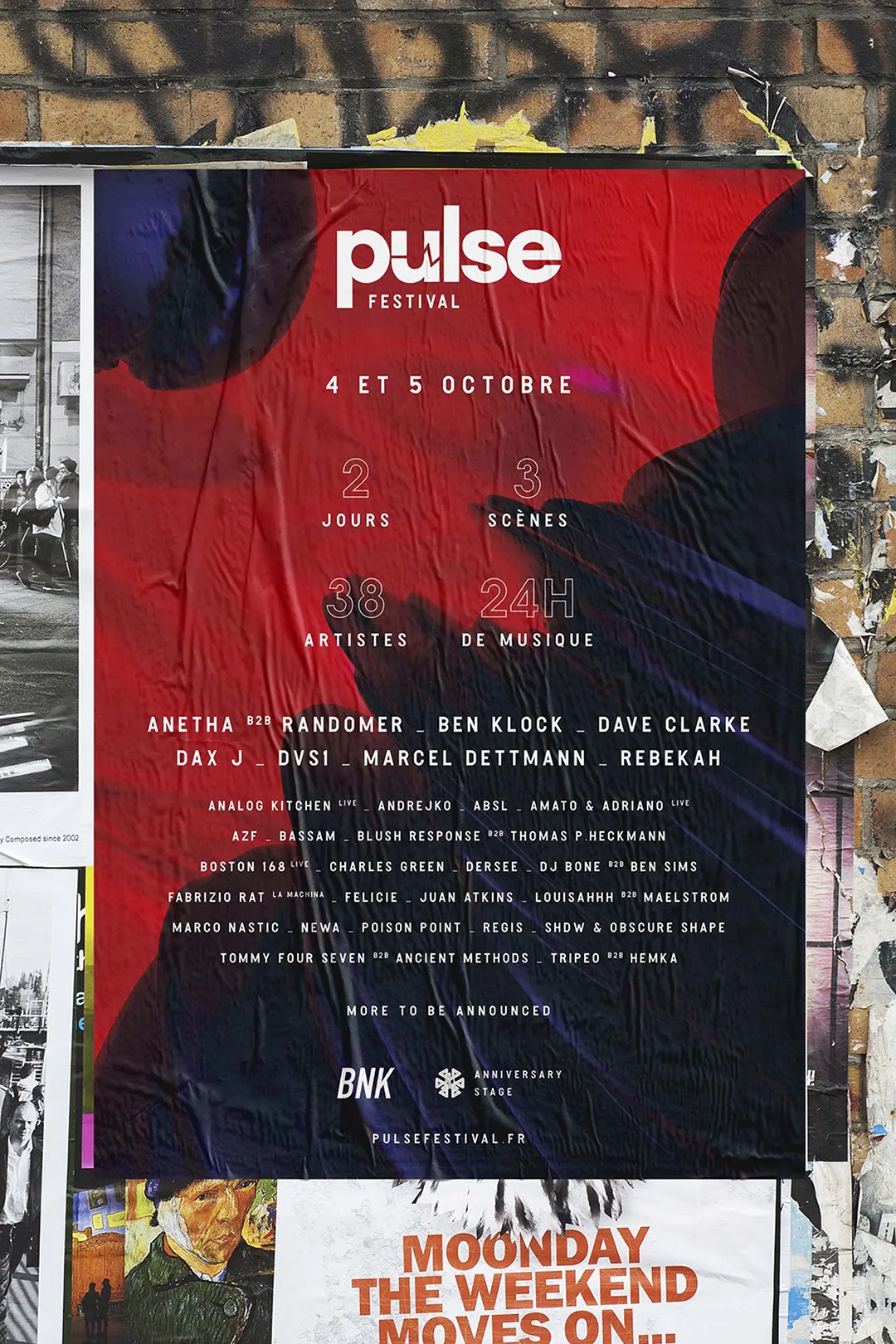 Poster for the first edition of Pulse Festival displayed in an urban setting.